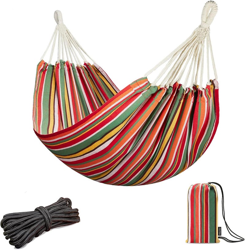 JoyView Brazilian Hammock for Single Person - Portable Cotton Hammock with Hanging Ropes & Carry Bag - 78.8x39.4' - 300LBS Capacity - Red & Green Stripes - Image 1
